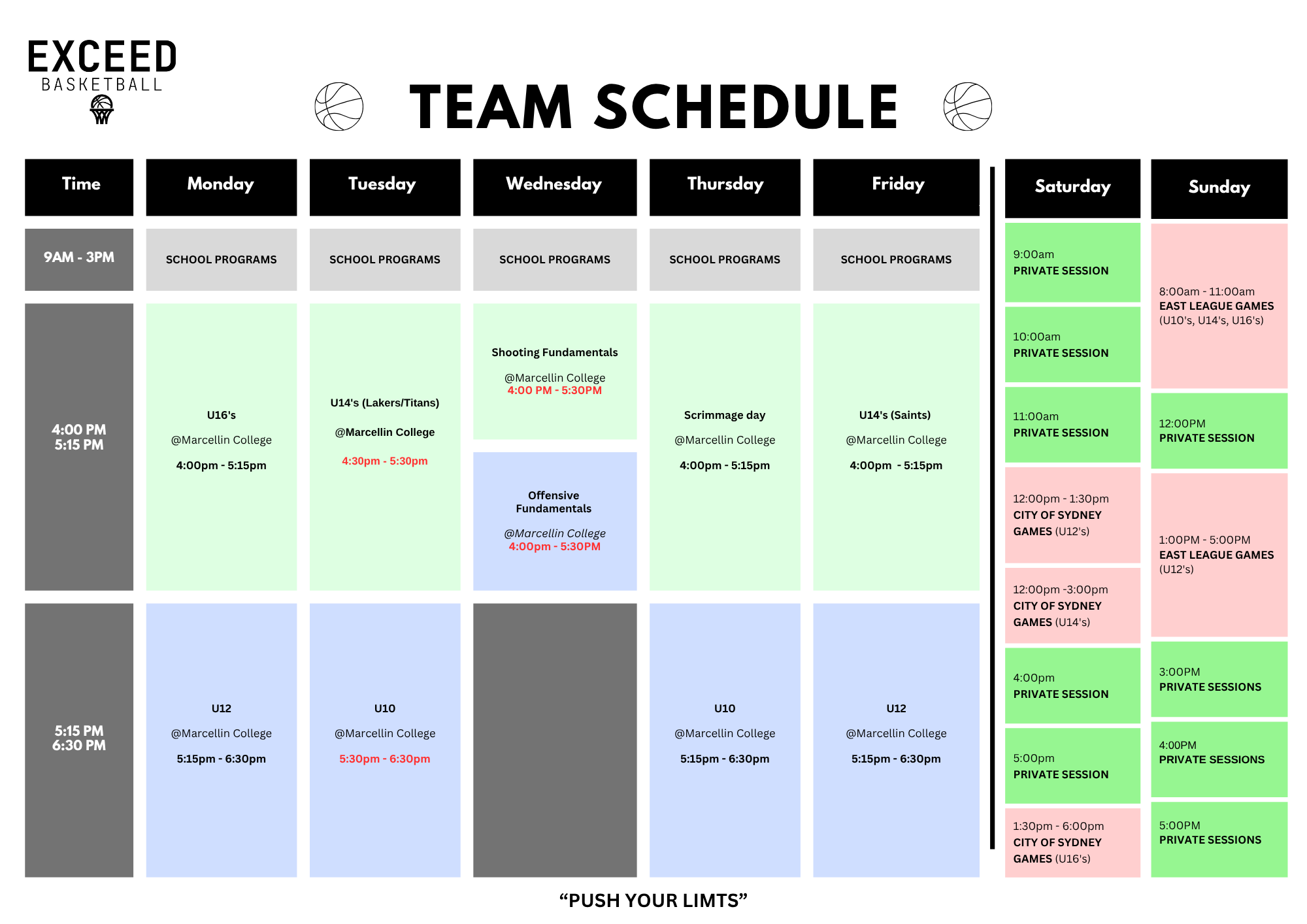 Exceed Basketball's Team Schedule