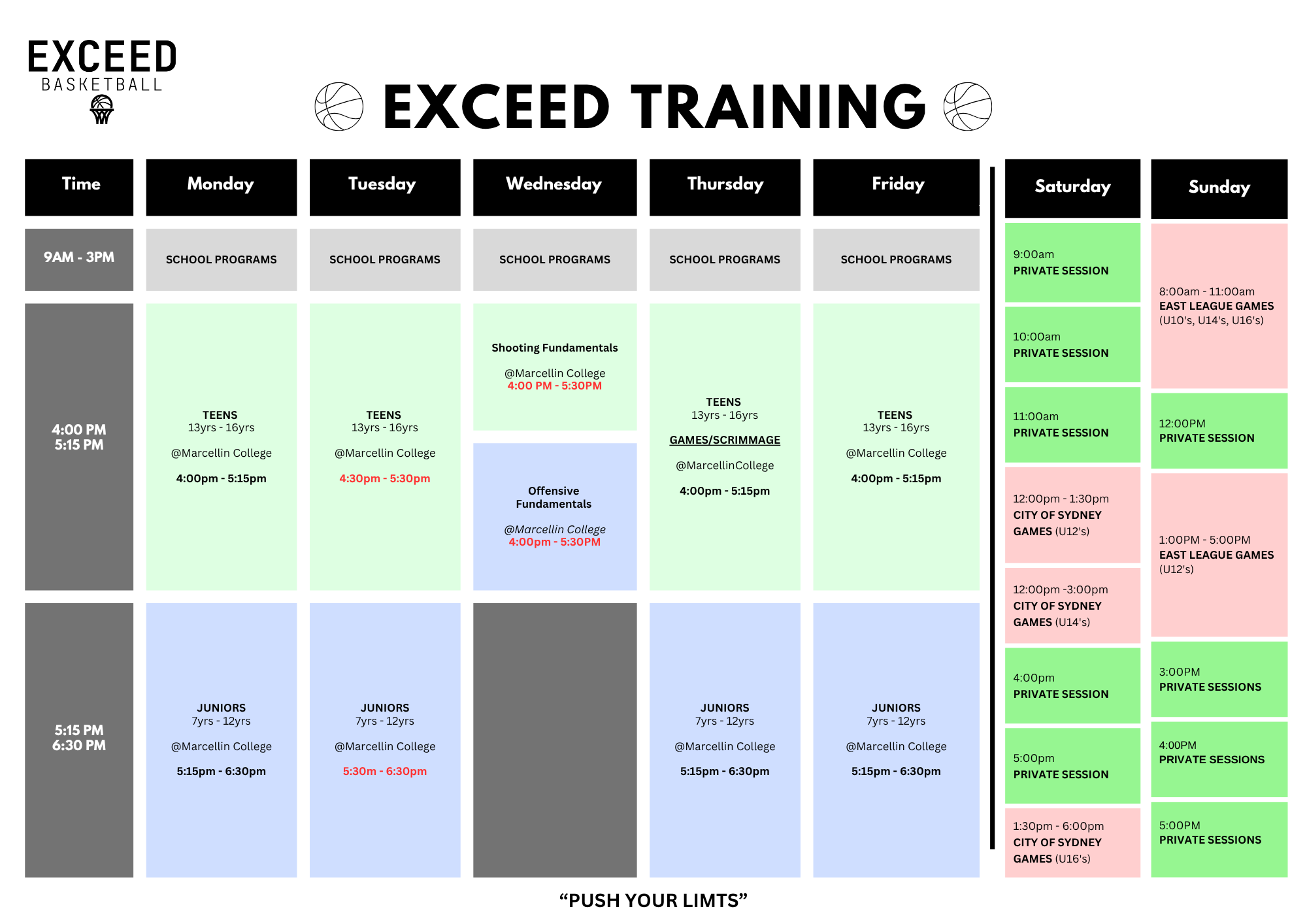 Exceed Basketball's Training Schedule